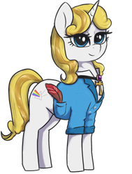 Size: 964x1272 | Tagged: safe, artist:t72b, derpibooru import, oc, oc only, oc:guiding light, pony, unicorn, 2021 community collab, ankh, clothes, derpibooru community collaboration, female, jacket, mare, quill, simple background, solo, transparent background