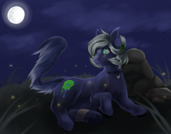 Size: 2642x2068 | Tagged: safe, artist:dollpone, derpibooru import, oc, oc:lilith (dollpone), earth pony, pony, female, lying down, mare, moon, night, prone, solo