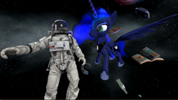 Size: 1386x782 | Tagged: safe, derpibooru import, princess luna, alicorn, pony, 3d, astronaut, cute, solo, source filmmaker, space