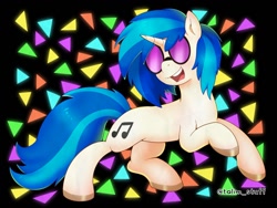 Size: 1500x1125 | Tagged: safe, artist:talim_stuff, derpibooru import, dj pon-3, vinyl scratch, pony, unicorn, raised hoof, solo, vinyl's glasses