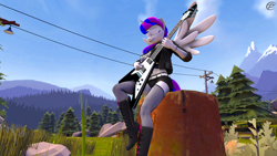 Size: 3840x2160 | Tagged: safe, artist:rainsstudio, derpibooru import, oc, oc:black rain, alicorn, anthro, 3d, alicorn oc, band shirt, clothes, fishnet stockings, forest, gibson flying v, goth, guitar, horn, jacket, knee-high boots, leather jacket, musical instrument, outdoors, playing instrument, rocker, rule 63, sexy, sexy outfit, shorts, sitting, solo, source filmmaker, tree, tree stump, wings