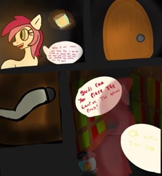 Size: 1145x1242 | Tagged: safe, artist:thatknuxandsilverfan, derpibooru import, roseluck, oc, oc:swirlee doo, earth pony, pony, unicorn, comic, commissioner:bigonionbean, covering eyes, cutie mark, dialogue, door, energy, horn, lantern, magic, scrunchy face, shadow, underground, walking, writer:bigonionbean