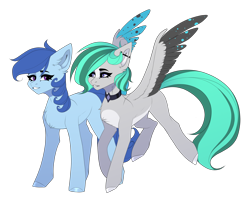 Size: 2500x2000 | Tagged: safe, artist:villjulie, derpibooru exclusive, derpibooru import, oc, oc:julie, oc:raylanda, earth pony, pegasus, pony, 2021 community collab, colored wings, derpibooru community collaboration, female, flying, lesbian, looking at each other, mare, multicolored wings, oc x oc, shipping, simple background, smiling, spotted wings, spread wings, transparent background, wings