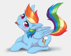 Size: 4105x3232 | Tagged: safe, artist:taytinabelle, derpibooru import, rainbow dash, pegasus, pony, :p, blushing, chest fluff, cute, dashabetes, dock, ear fluff, ears, female, looking at you, looking up, mare, raised tail, simple background, solo, tail, tongue out, white background