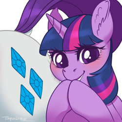 Size: 3516x3496 | Tagged: safe, artist:taytinabelle, derpibooru exclusive, derpibooru import, rarity, twilight sparkle, pony, unicorn, blushing, butt, dock, duo, ear fluff, ears, female, looking at you, mare, praying, rearity, simple background, smiling, white background