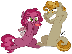 Size: 661x497 | Tagged: safe, artist:gallantserver, derpibooru import, oc, oc only, oc:golden wheat, oc:raspberry pie, earth pony, pony, female, magical lesbian spawn, male, mare, offspring, parent:cheese sandwich, parent:derpy hooves, parent:pinkie pie, parent:tempest shadow, parents:tempestpie, simple background, stallion, transparent background