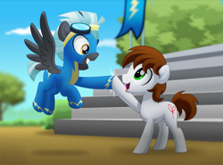 Size: 4999x3707 | Tagged: safe, artist:jhayarr23, derpibooru import, thunderlane, oc, oc:dreamer, earth pony, pegasus, pony, absurd resolution, clothes, commission, goggles, hoofbump, looking at each other, male, open mouth, smiling, stallion, uniform, wonderbolts uniform