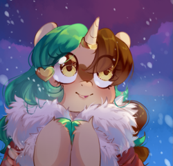 Size: 881x850 | Tagged: safe, artist:loyaldis, derpibooru import, oc, oc only, oc:peppermint coco, pony, unicorn, bust, cloak, clothes, cute, eyelashes, femboy, heart, hoof polish, horn, horn ring, jewelry, male, ring, smiling, solo, unicorn oc, unshorn fetlocks