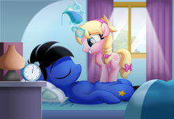 Size: 3000x2053 | Tagged: safe, artist:jhayarr23, derpibooru import, oc, oc only, oc:xeto, pegasus, pony, unicorn, alarm clock, bed, clock, eyes closed, female, filly, lying down, on back, sleeping, water