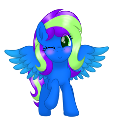 Size: 1080x1080 | Tagged: safe, artist:xxxdavid09xxx, derpibooru import, oc, oc only, oc:novastar blaze, pony, 2021 community collab, blushing, cute, derpibooru community collaboration, female, looking at you, mare, one eye closed, simple background, solo, spread wings, standing, transparent background, wings, wink, winking at you