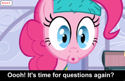 Size: 1920x1246 | Tagged: safe, derpibooru import, edit, edited screencap, screencap, pinkie pie, earth pony, pony, comic:celestia's servant interview, baby cakes, caption, cs captions, female, interview, looking at you, mare, sweatband, text, wide eyes