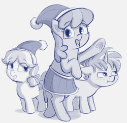 Size: 881x854 | Tagged: safe, artist:heretichesh, derpibooru import, cheerilee, kettle corn, skeedaddle, pony, christmas, clothes, colt, female, filly, grumpy, happy, hat, holiday, male, mare, santa hat, skirt, smiling, trio, waving