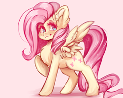 Size: 900x720 | Tagged: safe, artist:valeria_fills, derpibooru import, fluttershy, pegasus, pony, chest fluff, digital art, ear fluff, ears, female, looking at you, mare, raised hoof, simple background, solo, spread wings, standing, tail, wings