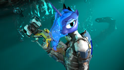 Size: 1280x720 | Tagged: safe, artist:cryowolf9, derpibooru import, princess luna, alicorn, anthro, 3d, armor, clothes, crown, dead space, female, horn, jewelry, regalia, solo, solo female, source filmmaker, suit, weapon