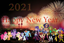 Size: 1024x687 | Tagged: safe, artist:cartoonmasterv3, derpibooru import, applejack, fluttershy, pinkie pie, rainbow dash, rarity, twilight sparkle, twilight sparkle (alicorn), alicorn, earth pony, pegasus, pony, unicorn, 2021, dc superhero girls, happy new year, happy new year 2021, holiday, mane six