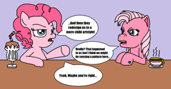 Size: 1299x678 | Tagged: safe, artist:logan jones, derpibooru import, pinkie pie, pinkie pie (g3), earth pony, pony, g3, g4, conversation, discussion, food, implied hasbro, milkshake, straw, tea