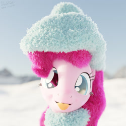 Size: 2400x2400 | Tagged: safe, artist:dashyoshi, derpibooru import, pinkie pie, earth pony, pony, 3d, blender, blender cycles, clothes, looking at you, mountain, scarf, snow, solo, tongue out, winter, winter outfit