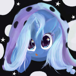 Size: 2000x2000 | Tagged: safe, artist:ujimone, derpibooru import, trixie, pony, unicorn, abstract background, blushing, looking at you, solo, tongue out
