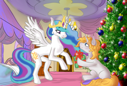 Size: 1250x850 | Tagged: safe, artist:scoundrel scaramouche, derpibooru import, princess celestia, oc, oc:dusty pages, alicorn, pony, bed, christmas, christmas tree, hearth's warming, holiday, present, tree
