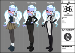 Size: 2833x1985 | Tagged: safe, artist:limedazzle, derpibooru import, sugarcoat, equestria girls, bodysuit, clothes, fanfic, fanfic art, glasses, necktie, reference sheet, scientist, shadowbolts, show accurate, skirt, spy suit, tights, uniform