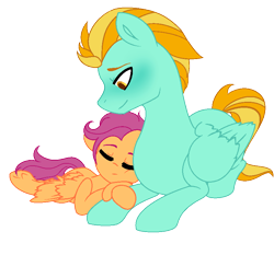 Size: 808x752 | Tagged: safe, artist:fcrestnymph, derpibooru import, lightning dust, scootaloo, pony, lying down, prone, simple background, sleeping, transparent background