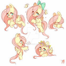 Size: 800x800 | Tagged: safe, artist:ipun, derpibooru import, angel bunny, fluttershy, butterfly, pegasus, pony, rabbit, animal, blushing, bow, bust, cheek fluff, chest fluff, cute, cutie mark eyes, deviantart watermark, ear fluff, ears, eyes closed, female, floral head wreath, flower, flying, hair bow, hair over one eye, heart, holding, looking at someone, looking at you, looking back, looking back at you, male, mare, no pupils, obtrusive watermark, open mouth, profile, shyabetes, smiling, solo, spread wings, three quarter view, watermark, wingding eyes, wings