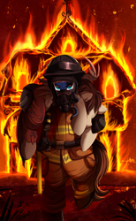 Size: 2559x4150 | Tagged: safe, artist:pridark, derpibooru import, oc, oc only, pony, badass, clothes, commission, duo, eyes closed, fire, firefighter, high res, house, rescue, uniform