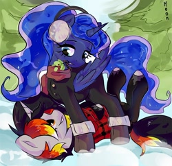 Size: 1080x1046 | Tagged: safe, artist:moon_emili, derpibooru import, princess luna, oc, oc:moonshine, alicorn, pony, unicorn, bedroom eyes, boots, bottom, clothes, coat, collar, cute, date, earmuffs, flannel, flannel shirt, hearth's warming eve, horn, horseplay, imminent kissing, looking down, looking up, lying down, mistletoe, scarf, shipping, shoes, smiling, snow, standing over, stockings, thigh highs, top, tree, unicorn oc, wings, wings down