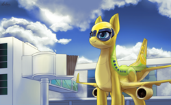 Size: 3600x2200 | Tagged: safe, artist:andromailus, derpibooru import, oc, oc only, oc:lemon drop, original species, plane pony, airport, boeing 737, cloud, jet engine, jetway, macro, plane, solo, sun