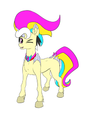 Size: 1169x1654 | Tagged: safe, artist:calena, derpibooru import, oc, oc only, oc:trinity deblanc, horse, original species, unicorn, 2021 community collab, blank flank, crystal, derpibooru community collaboration, fringe, hooves, horn, jewelry, looking at you, multicolored hair, new design, one eye closed, original character do not steal, redesign, simple background, transparent background, wink, winking at you