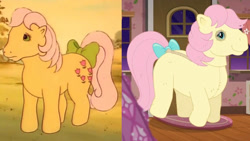 Size: 1280x720 | Tagged: safe, derpibooru import, screencap, posey, better together, choose your own ending, costume conundrum, costume conundrum: applejack, equestria girls, g1, comparison, g1 to g4, generation leap