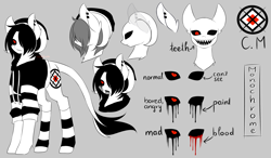 Size: 3201x1873 | Tagged: safe, artist:riariirii2, derpibooru import, oc, oc only, oc:monochrome, demon, demon pony, original species, pony, bald, black sclera, black tears, blood, bust, clothes, crying, ear piercing, earring, hair over one eye, hat, jewelry, leonine tail, piercing, red eyes, reference sheet, socks, striped socks, tears of blood