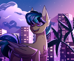 Size: 3000x2500 | Tagged: safe, artist:celes-969, derpibooru import, oc, oc only, oc:apogee, pegasus, pony, chest fluff, city, cityscape, cloud, eye clipping through hair, female, mare, older apogee, palm tree, signature, sky, smiling, solo, stars, tree