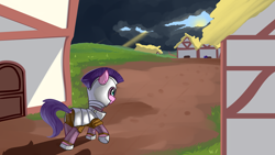 Size: 3840x2160 | Tagged: safe, artist:neuro, derpibooru import, oc, oc only, earth pony, pony, armor, butt, chainmail, cloud, cloudy, dock, female, guardsmare, helmet, mare, plot, royal guard, smiling, solo focus, stormcloud, trotting, village