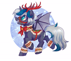 Size: 2565x2188 | Tagged: safe, artist:lunnitavaldez, derpibooru import, oc, oc only, oc:elizabat stormfeather, alicorn, bat pony, bat pony alicorn, pony, alicorn oc, animal costume, anklet, antlers, bat pony oc, bat wings, bell, bell collar, bow, christmas, collar, commission, costume, cute, female, grin, holiday, horn, mare, ocbetes, raised hoof, raised leg, reindeer antlers, reindeer costume, reins, ribbon, saddle, simple background, smiling, snow, solo, tack, white background, wings, wristband, ych result