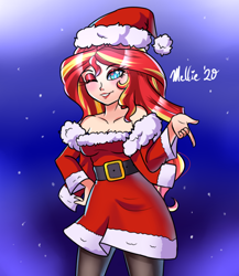 Size: 650x750 | Tagged: safe, artist:melliedraws, derpibooru import, sunset shimmer, human, breasts, christmas, clothes, commission, costume, eyeshadow, hat, heart eyes, holiday, humanized, lipstick, looking at you, makeup, one eye closed, santa costume, santa hat, signature, smiling, solo, wingding eyes, wink