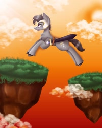 Size: 1080x1350 | Tagged: safe, alternate version, artist:rxndxm.artist, derpibooru import, oc, oc only, earth pony, pony, colored, earth pony oc, floating island, jumping, solo, sword, weapon