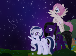 Size: 1200x889 | Tagged: safe, artist:jennieoo, derpibooru import, orion, shooting star (character), oc, oc:andrewmeda, oc:gentle star, oc:milky way, earth pony, pegasus, pony, constellation, flying, night, night sky, sky, stars, wings