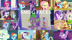 Size: 1994x1121 | Tagged: safe, derpibooru import, edit, edited screencap, editor:quoterific, screencap, applejack, daring do, fluttershy, pinkie pie, rainbow dash, rarity, spike, starlight glimmer, twilight sparkle, twilight sparkle (alicorn), vapor trail, wind rider, alicorn, dragon, earth pony, pegasus, pony, unicorn, daring don't, every little thing she does, it ain't easy being breezies, not asking for trouble, rarity investigates, stare master, stranger than fan fiction, the crystalling, the cutie map, the end in friend, the saddle row review, top bolt, viva las pegasus, cutie map, detective rarity, dreamworks face, equalized, fist bump, fluttershy's cottage (interior), hoofbump, hug, mane seven, mane six, nose to nose, noseboop, our town, twilight's castle, winghug