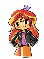 Size: 1542x2048 | Tagged: safe, alternate version, artist:ag_nonsuch, derpibooru import, sunset shimmer, bird, equestria girls, blushing, clothes, cutie mark, cutie mark on clothes, female, grin, hand on hip, jacket, simple background, smiling, solo, white background