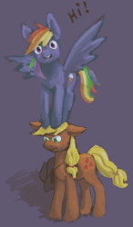 Size: 2055x3508 | Tagged: safe, artist:aliceg, derpibooru import, twibooru import, applejack, rainbow dash, earth pony, pegasus, pony, annoyed, deleted from derpibooru, perching, standing on head