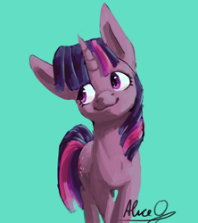 Size: 2102x2362 | Tagged: safe, artist:aliceg, derpibooru import, twibooru import, twilight sparkle, unicorn twilight, pony, unicorn, deleted from derpibooru, female, high res, looking sideways, mare, signature, simple background, smiling, solo, teal background