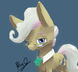 Size: 2282x2093 | Tagged: safe, artist:aliceg, mayor mare, earth pony, pony, gorgoalice daily pony, blue background, blue eyes, brown coat, cutie mark, ears, female, glasses, gray mane, gray tail, large ears, looking at you, mare, open mouth, shirt collar, signature, simple background, solo