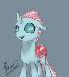Size: 960x1080 | Tagged: safe, artist:aliceg, ocellus, changedling, changeling, gorgoalice daily pony, bug eyes, changeling eyes, changeling horn, chitin, ears, female, floppy ears, gray background, jagged horn, light blue background, looking at you, open mouth, signature, simple background, solo