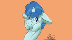 Size: 1920x1080 | Tagged: safe, artist:aliceg, party favor, pony, unicorn, gorgoalice daily pony, blue coat, blue eyes, blue mane, cute, ears, floppy ears, horn, large ears, looking to side, looking to the right, male, orange background, scrunchy face, signature, simple background, solo, stallion