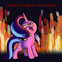 Size: 900x900 | Tagged: safe, artist:slamjam, derpibooru import, starlight glimmer, pony, unicorn, female, fire, laughing, maniacal laugh, pure unfiltered evil, solo, text