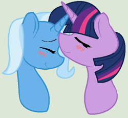 Size: 513x471 | Tagged: safe, artist:jadethepegasus, derpibooru import, trixie, twilight sparkle, blushing, eyes closed, female, forehead kiss, kissing, lesbian, shipping, twixie