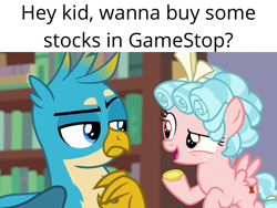 Size: 1024x768 | Tagged: safe, artist:thesharp0ne, derpibooru import, edit, edited screencap, screencap, cozy glow, gallus, griffon, pegasus, pony, putting your hoof down, what lies beneath, bits, bookshelf, bow, coin, current events, dialogue, duo, female, filly, foal, gallus is not amused, gamestop, hair bow, male, money, object, resource, stocks, unamused