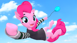Size: 3840x2160 | Tagged: safe, artist:owlpirate, derpibooru import, pinkie pie, earth pony, pony, semi-anthro, 3d, balloon, clothes, cloud, cute, diapinkes, female, floating, looking at you, open mouth, smiling, smiling at you, solo, then watch her balloons lift her up to the sky