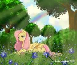 Size: 736x625 | Tagged: safe, artist:i_hate_snakeu_799, derpibooru import, fluttershy, pegasus, pony, cloud, crepuscular rays, female, flower, folded wings, grass, looking at you, lying down, mare, outdoors, prone, sad, solo, teary eyes, tree, wings